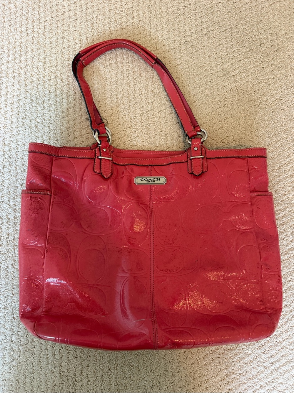 Coach Red Patent Leather Tote with Signature Embossing